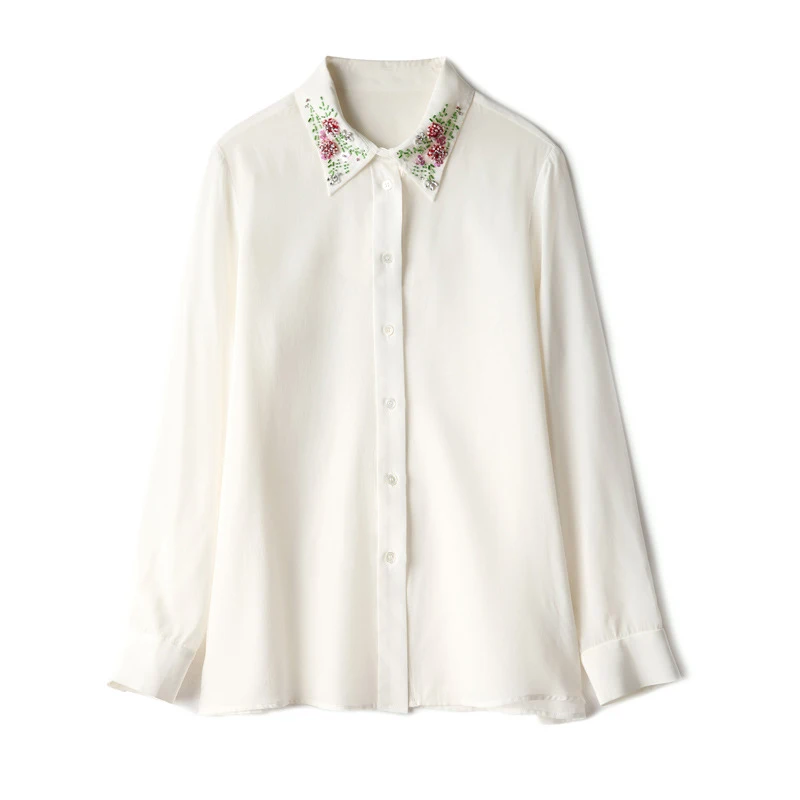 

2020 Schinteon Spring Women 100% Real Silk Blouse Long Sleeve Beading Turn Down Collar Printed Blouses Office Lady Slim Shirt