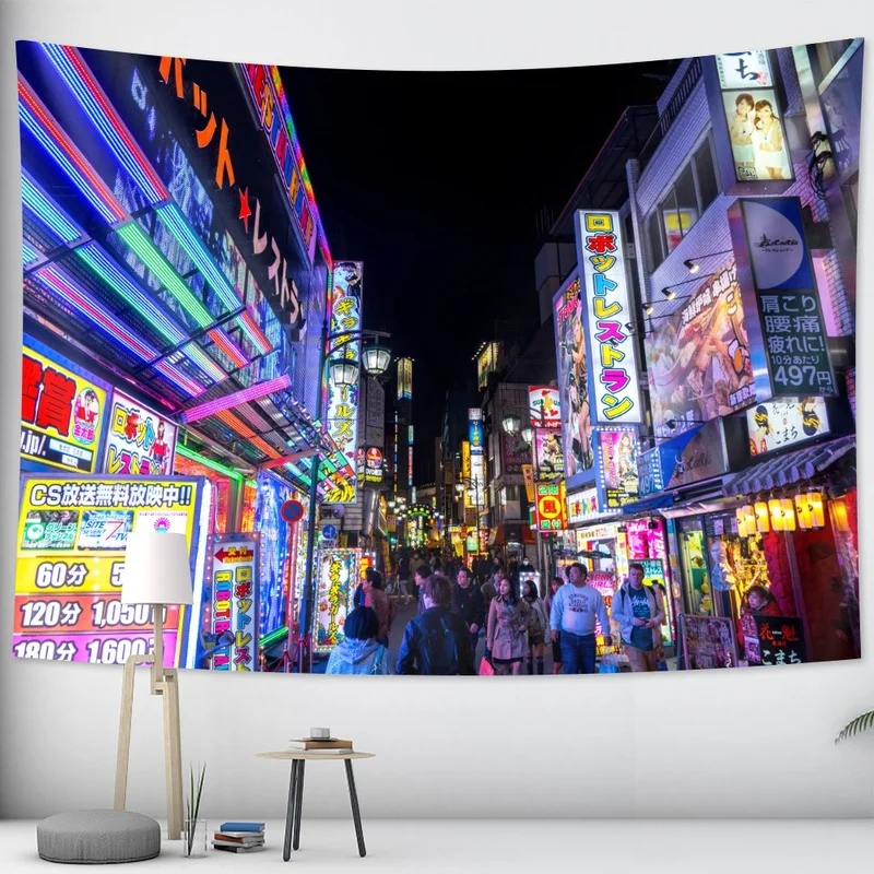 

Tokyo nightlife tapestry bedroom wall hanging home decoration Japanese tapestry Bohemian decorative Hippie print mattress