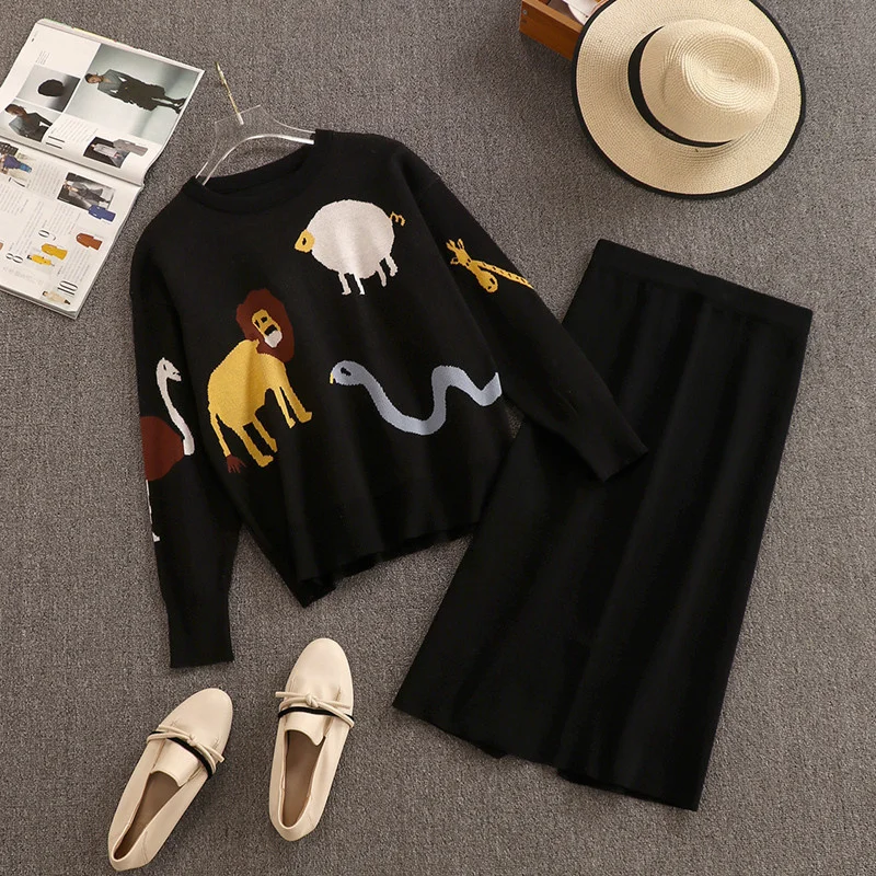 

Winter Women Two Piece Set 2022 Korean Vintage Animals Embroidery Knitted Sweater Pullover Long Bodycon Skirt Set Ladies Suits