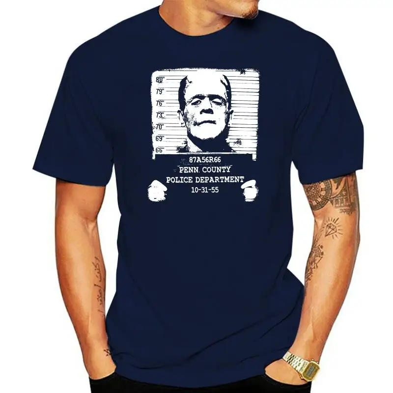 

Pins Bones Frankenstein Face Mug Shot Retro Black T Shirt Summer Short Sleeves Cotton Fashion Men Printed T-Shirts