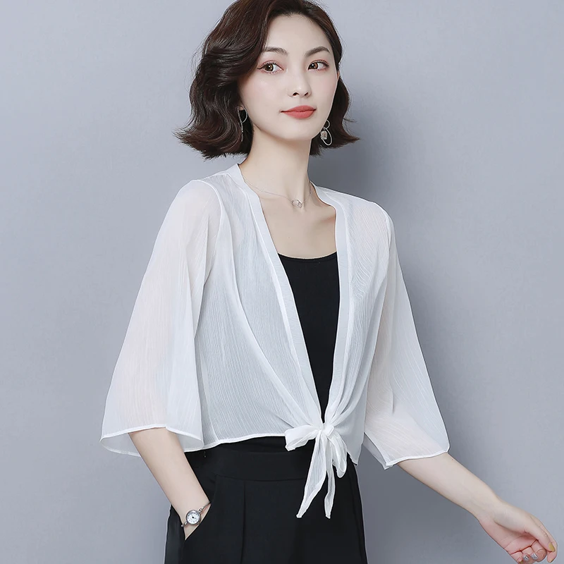 Summer Chiffon Blouses Kimono Cardigan Mesh Transparent Sunscreen Women Beach Cover Up Outwear Plus Size Bow Wrap Shirt |