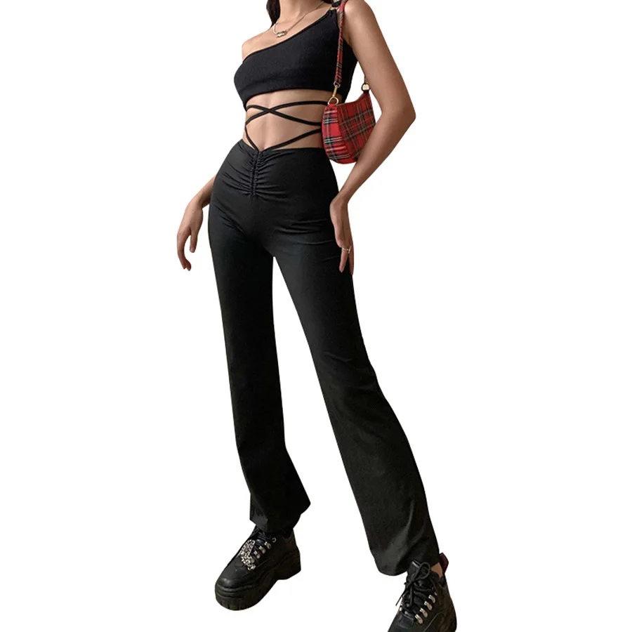 

Women's Casual Criss Cross High Waist Bandage Straight Leg Sexy Pants Street Clubwear Fashion Trousers