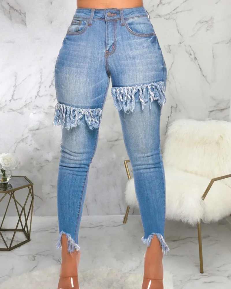 

Джинсы женские на молнии, с косым карманом и бахромой