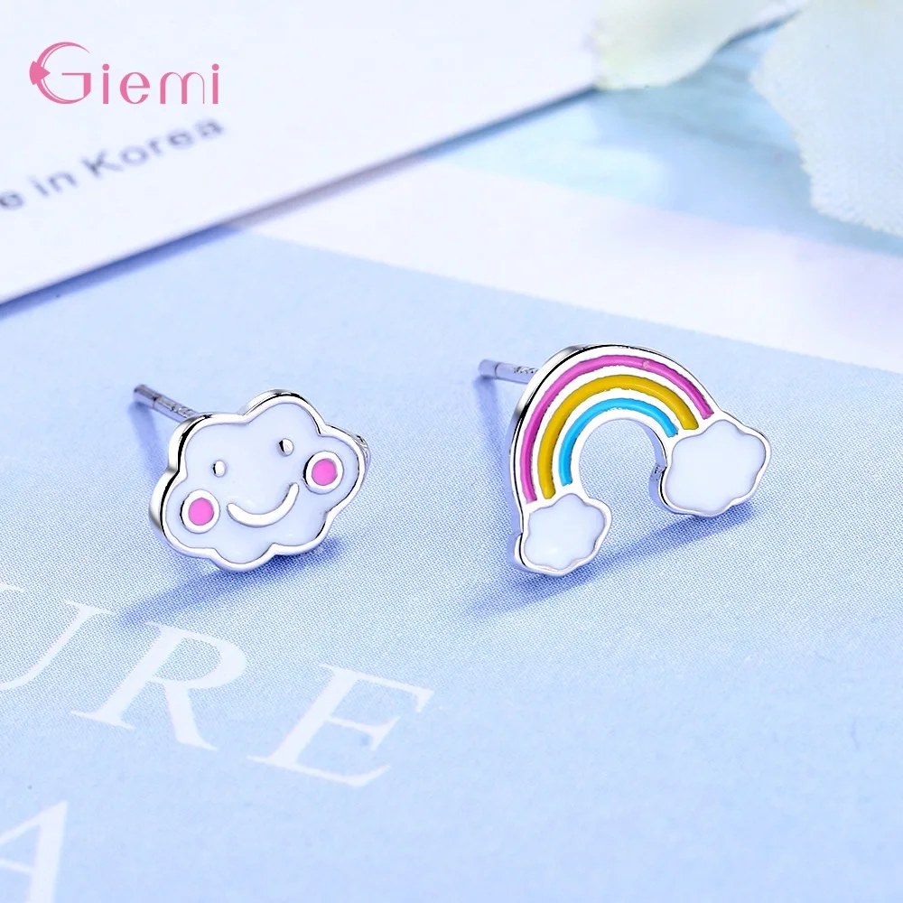 Милые серьги-гвоздики с мультипликационным принтом из стерлингового серебра 925