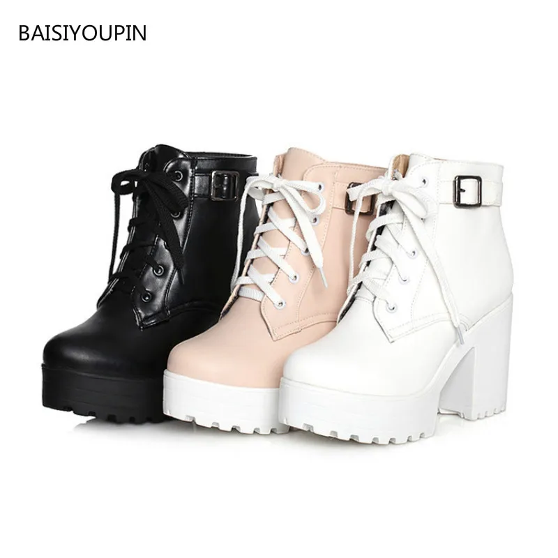 

Women Winter Short Ankle PU Martin Boots Ladies Warm Short Plush Buckle Lace-Up Platform Increase 10 CM High Heels Pumps Booties