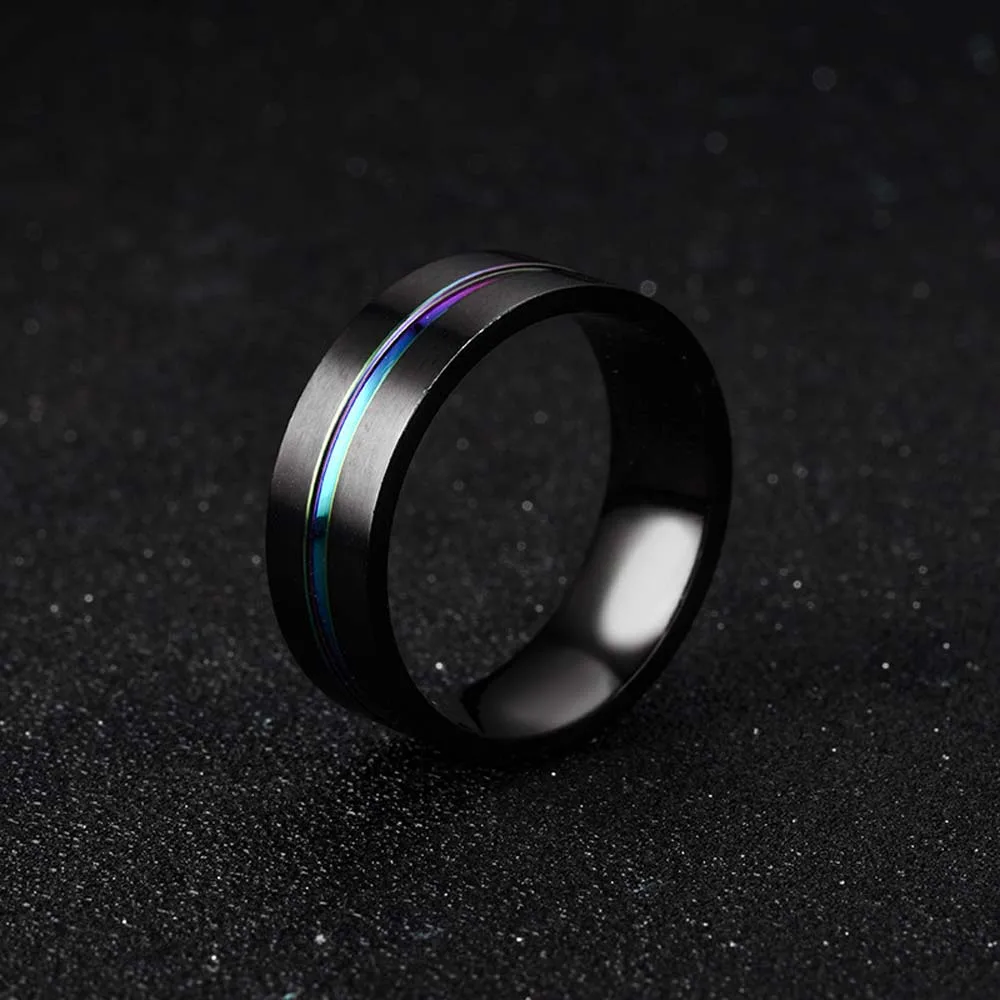 Fashion Black Titanium Stainless Steel Simple Ring Wedding Band 8mm Colorful Rainbow Groove Couple Jewelry | Украшения и