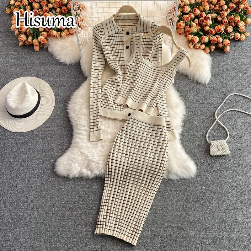 

2021 autumn new female stripe turn down collar sweater + vest + high waist knit skirt three-piece sets women knitted suits