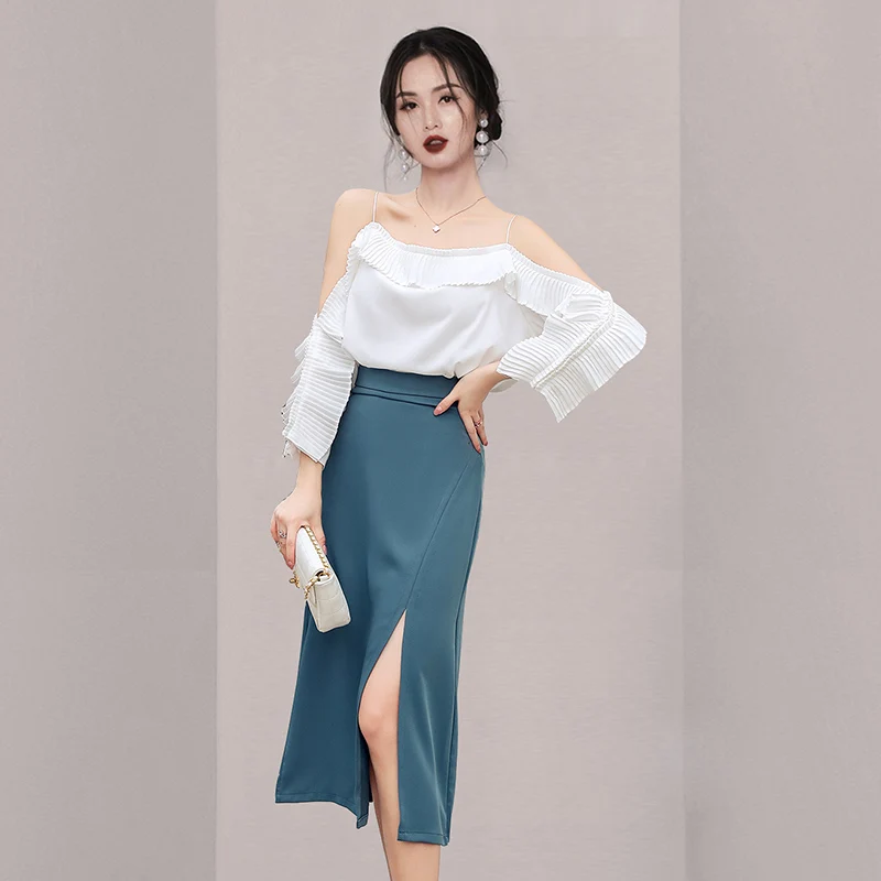 

Элегантные женские офисные костюм летние пикантные росы плеча Спагетти ремень с длинным рукавом белая рубашка с рюшами + высота талии Разде...