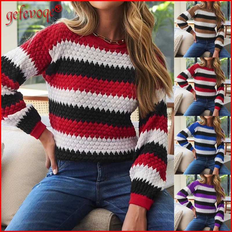 

Women's Sweater 2021 Winter New Fashion Vintage Striped Sweaters Woman Warm Knitted Sweater Long Sleeve Pullovers Ladies Tops