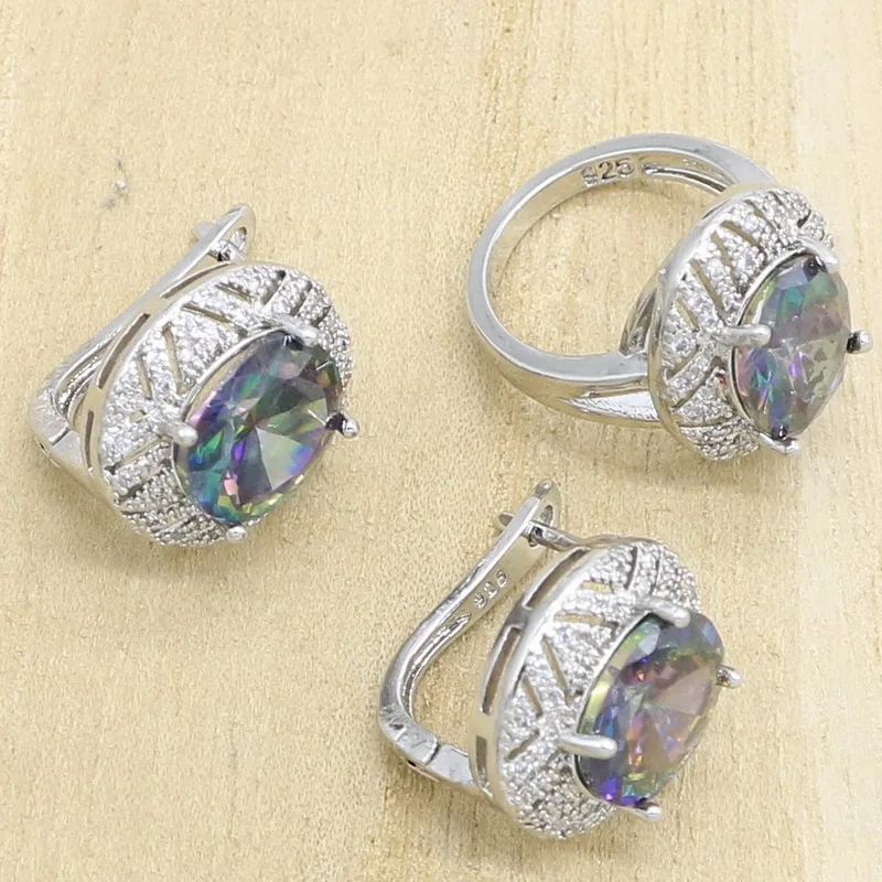 Серебряный Цвет набор украшений для женщин Радуга Кубический цирконий серьги в