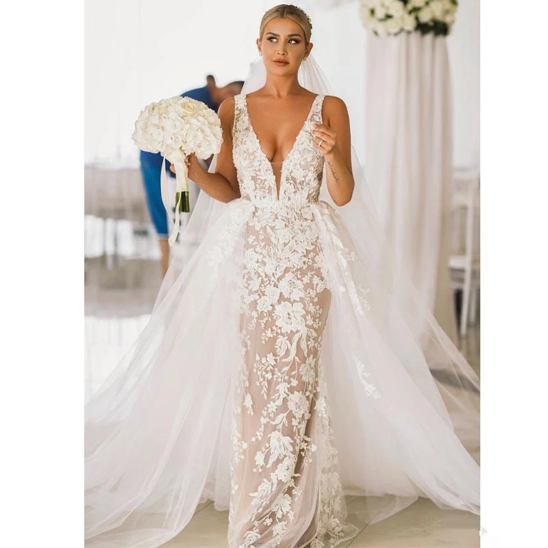 Съемная насыщенная юбка свадебное платье 2 части съемный поезд Русалочка белый кружево шампанское подкладка vestido de noiva свадебные платья.