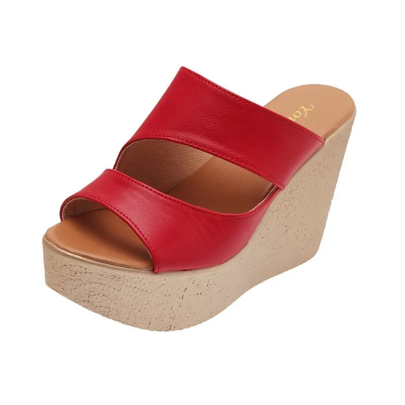 

New Design 2021 High Heels 11CM Peep Toe Heightening Wedges Slippers For Women Platform Summer Ladies Mature Pu Leather Shoes