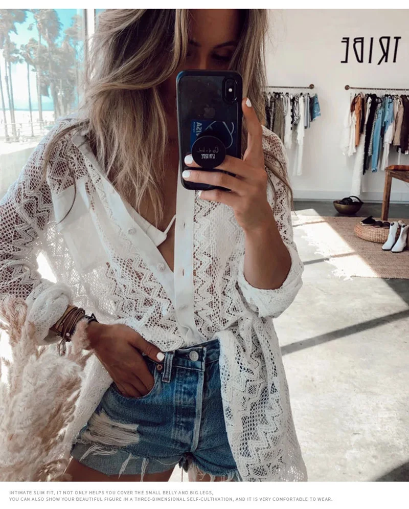 Fitshinling Lace Beach Cover Up Swimwear Hollow Out Sexy Hot Slim White Bikini Outing Tops Bohemian Holiday Swimsuit Sale | Женская