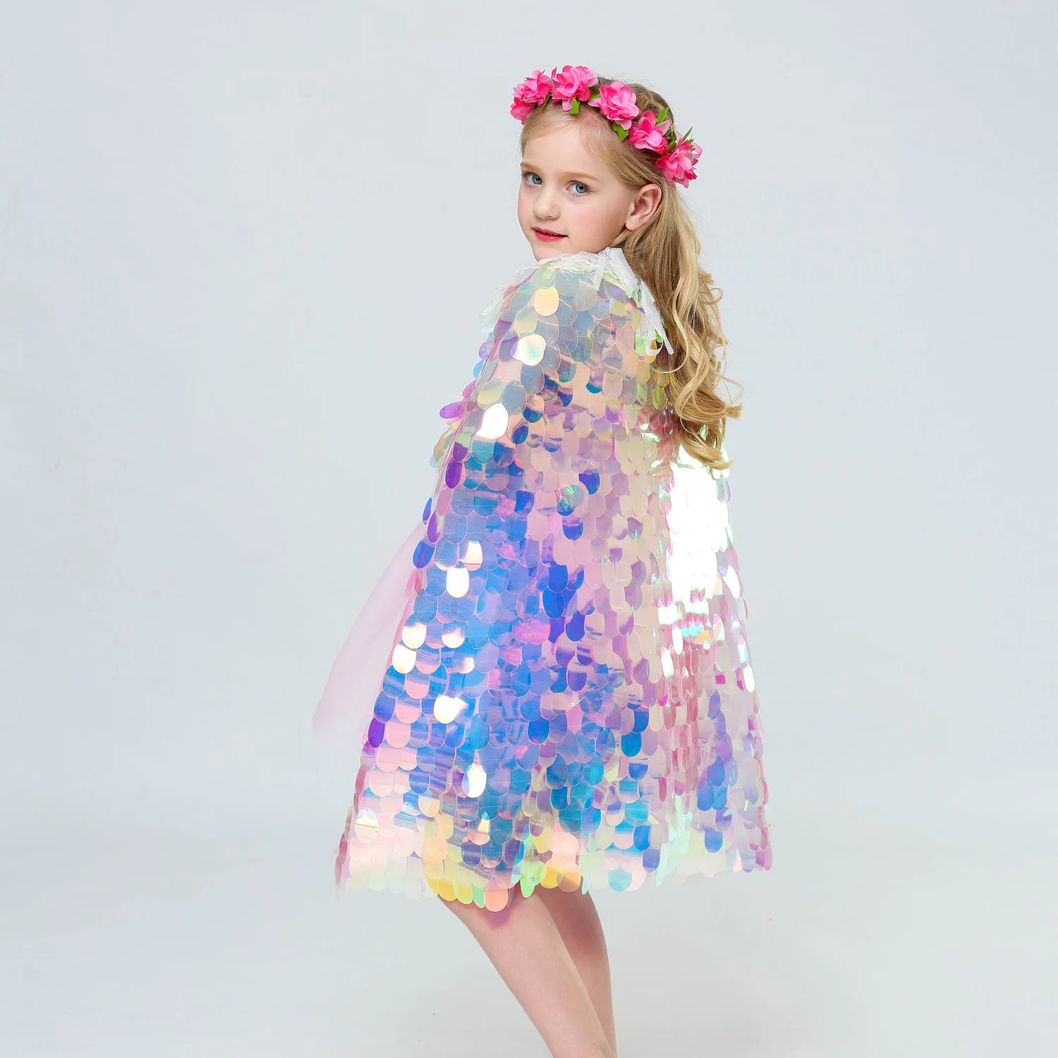 Sequins Princess Girls Cape Cloak for Beach Party Costume Children Rainbow Shawl Cosplay Christmas Kids Girl Wrap | Детская одежда и