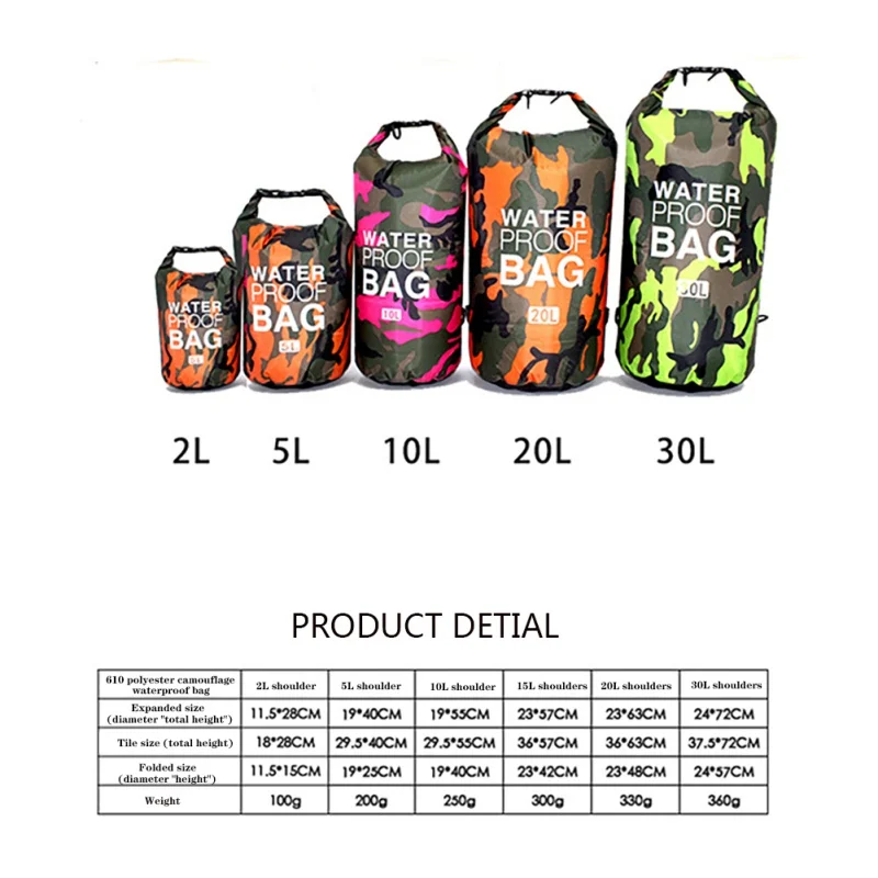 

2/5/10/15/20/30L Portable Waterproof Rafting Diving Dry Bag Outdoor Camouflage Sack PVC Swimming Bags Trekking Shoulder Bags