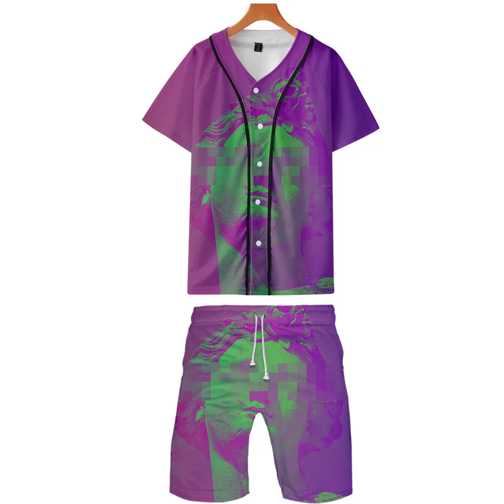 

Vaporwave 3D Printed Two Piece Set Fashion Summer Short Sleeve Baseball T-shirts+Beach Shorts Casual Streetwear Clothes 2019