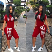 fanco casual pink letter print women two piece set new summer rompers sexy striped t shirts and skinny pants 2pcs outfits