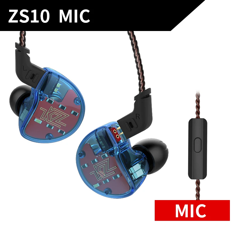 Blue mic KZ ZS10 наушники 4BA+ 1DD динамические арматурные наушники HiFi бас гарнитура шумоподавление в ухо Мониторы гибридные наушники - Цвет: Blue mic