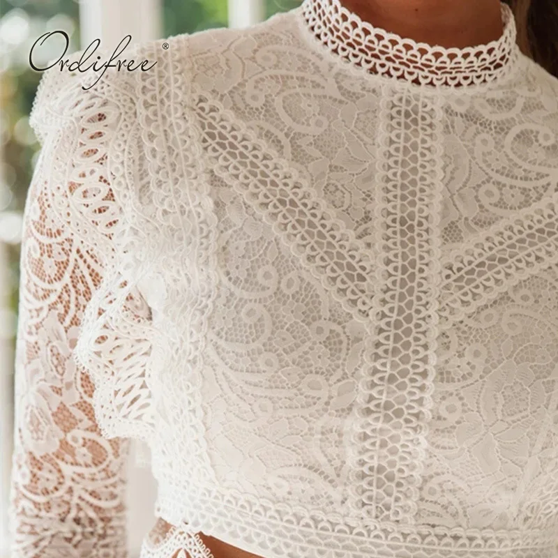 Ordifree 2021 Summer Women White Lace Blouse Short Sexy Tops Long Sleeve Ruffle Shirt | Женская одежда