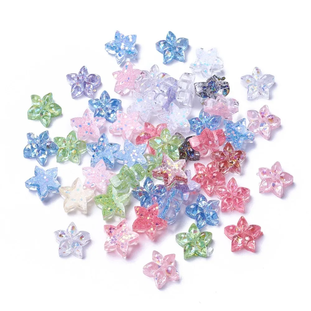 

Кабошоны из смолы, 50 шт., с пайетками, звездой, смешанного цвета, 13x6 мм