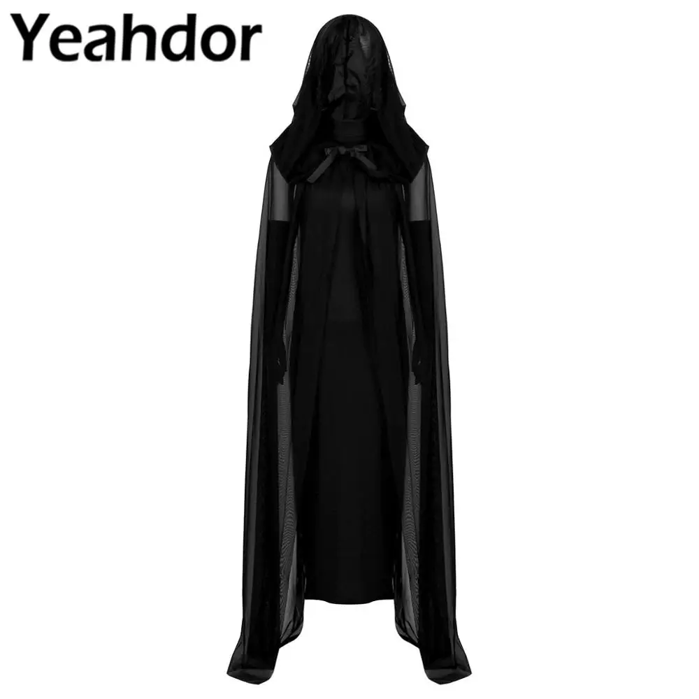 4Pcs Womens Vampire Wicked Witch Cosplay Costume Halloween Ghost Outfit Long Dress Hooded Cape Gloves and G-string Briefs | Тематическая