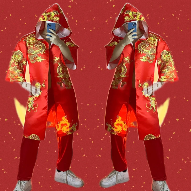 

New Chinese Style Dragon Robe Hooded Jacket Red Pants Men Gogo Dancer Costumes Nightclub Bar Ds Male Pole Dance Outfits XS3506