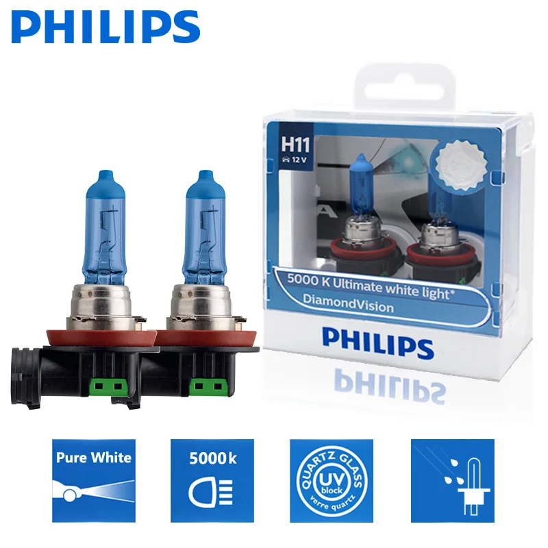 2X Philips H11 12V 55W Diamond Vision 5000K Super White Light Halogen Bulbs Auto Headlight Fog Lamps 12362DVS2