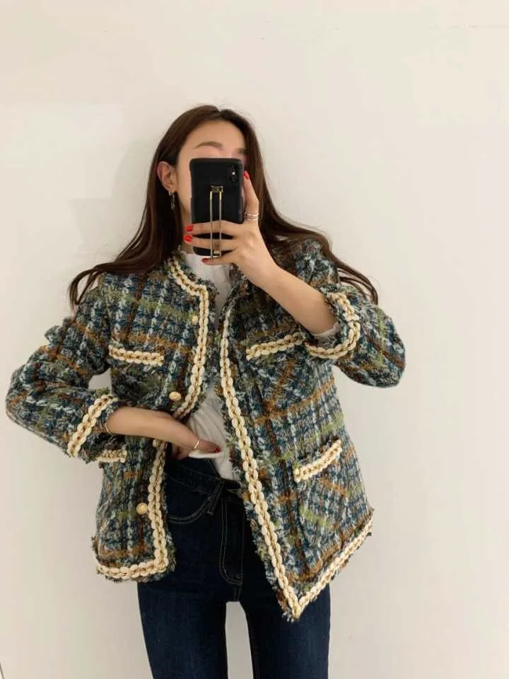 

2021 Elegant Tweed Jackets Women 2020 Autumn New French Style Retro Short Jacket Female Round Neck Long Sleeve Woolen Coat