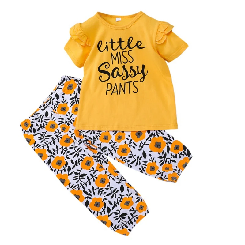 

Summer Kids Girl Short Sleeve Letters Print T-shirt Blouse+Floral Pants Outfits Set Baby Casual Costume Set Pant