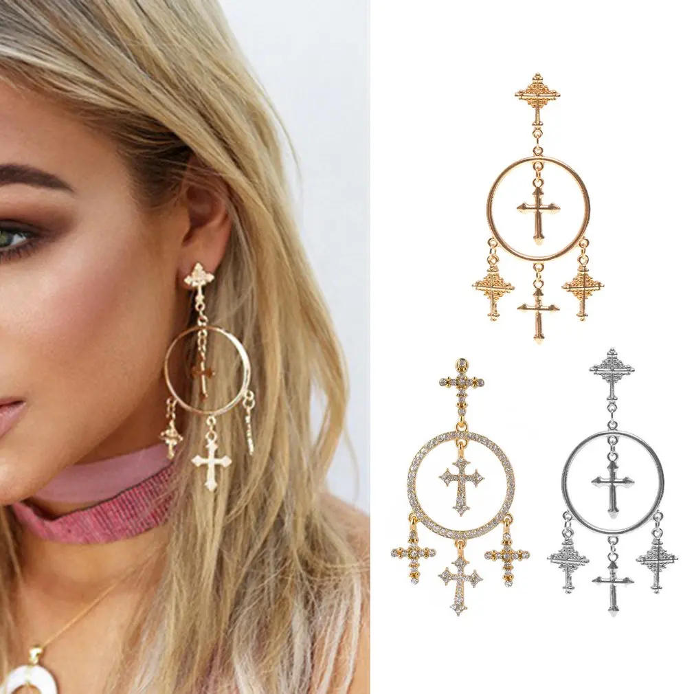 Женские винтажные серьги капли с крестиком Oorbellen богемные большие длинные в