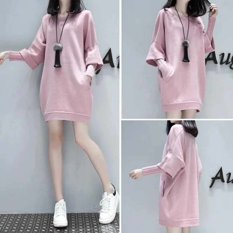 Женское платье свитер средней длины повседневное Свободное с длинным рукавом