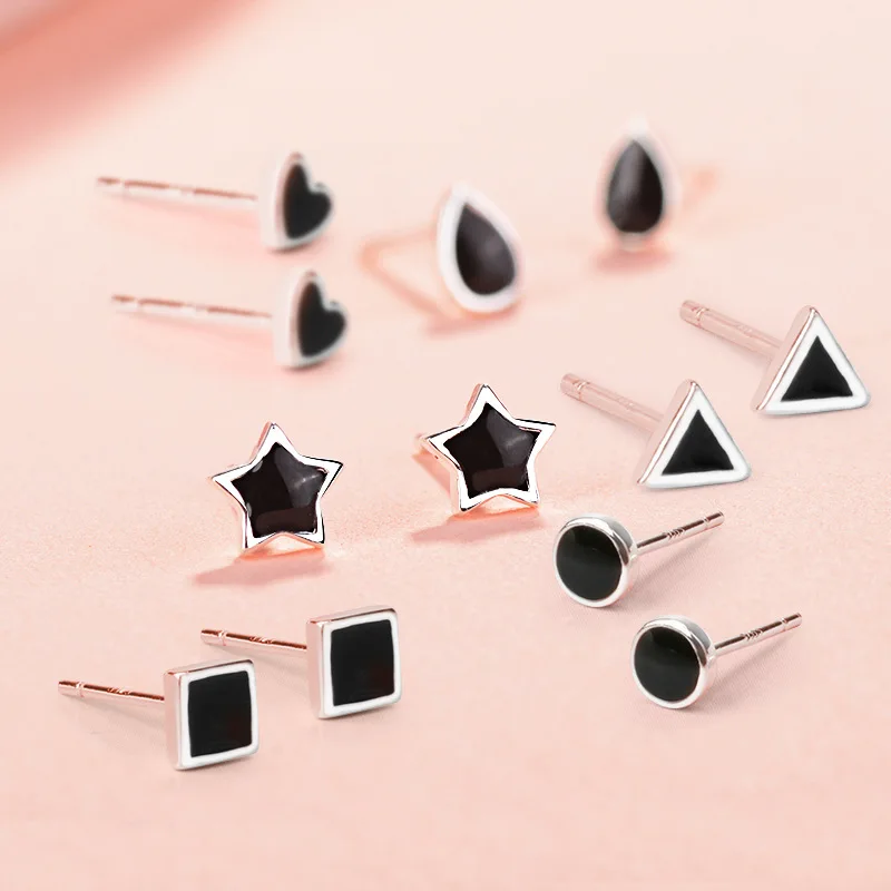 

Solid 925 Sterling Silver Mini Stud Earrings Black Geometric Studs Teardrop Square Heart Round Triangle Star Earrings Unisex