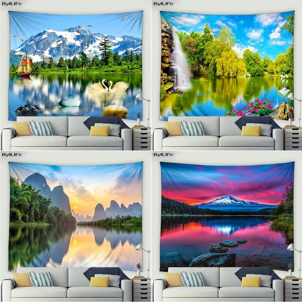 

Beautiful Natural Scenery Tapestry Mountain Water Lake Forest Waterfall Home Decor Wall Hanging Bedroom Psychedelic Tapestries