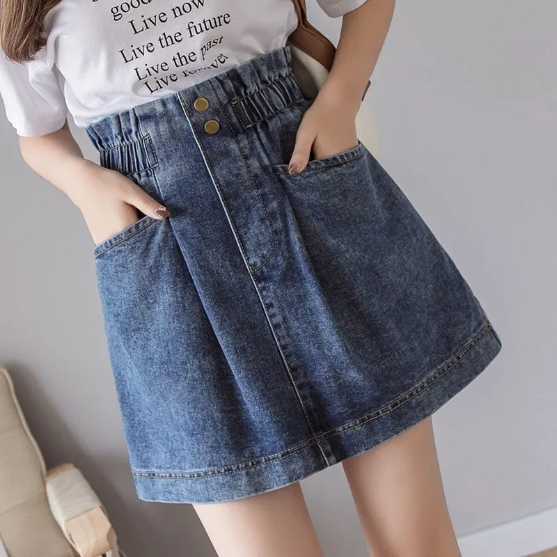 High Waist Summer Fashion Sweet Womens Denim Short Skirts Casual Streetwear Elastic Pockets Female A-Line Big Size | Женская одежда