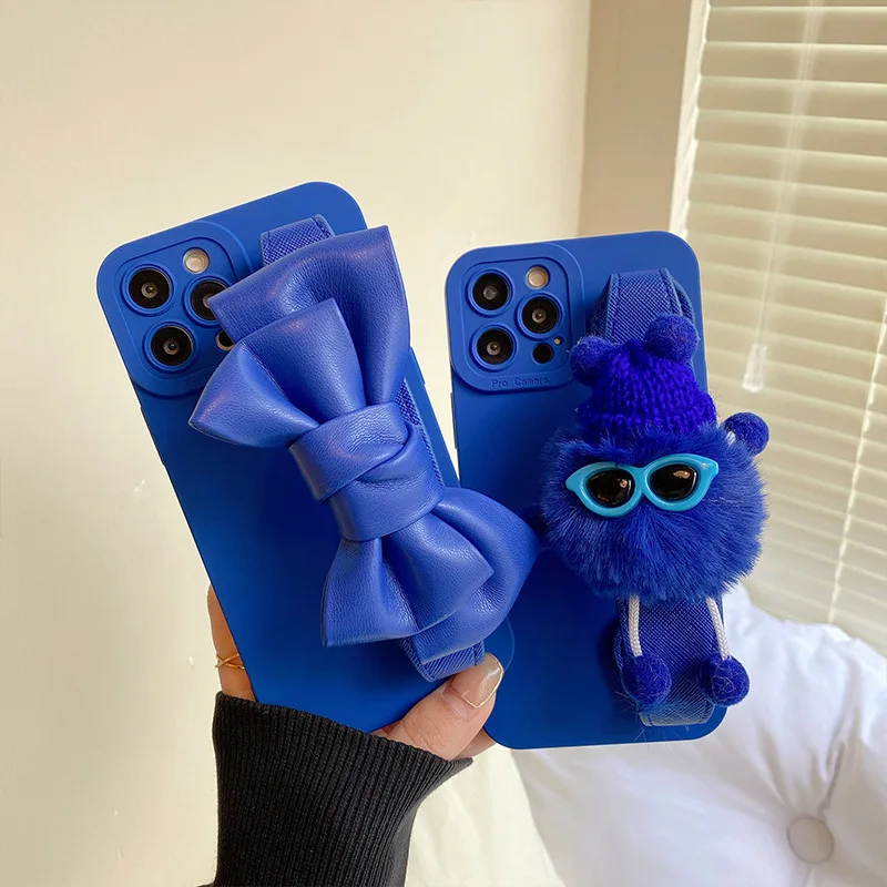 Корейский Синий чехол-браслет Klein для телефона плюшевая кукла бант ремешок на