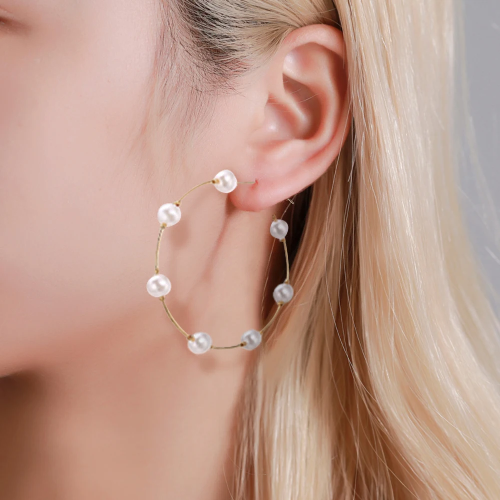 

Pearl Big Circle Round Hoop Earrings for Women Girl Charming Korean Metal Earrings Party Jewelry