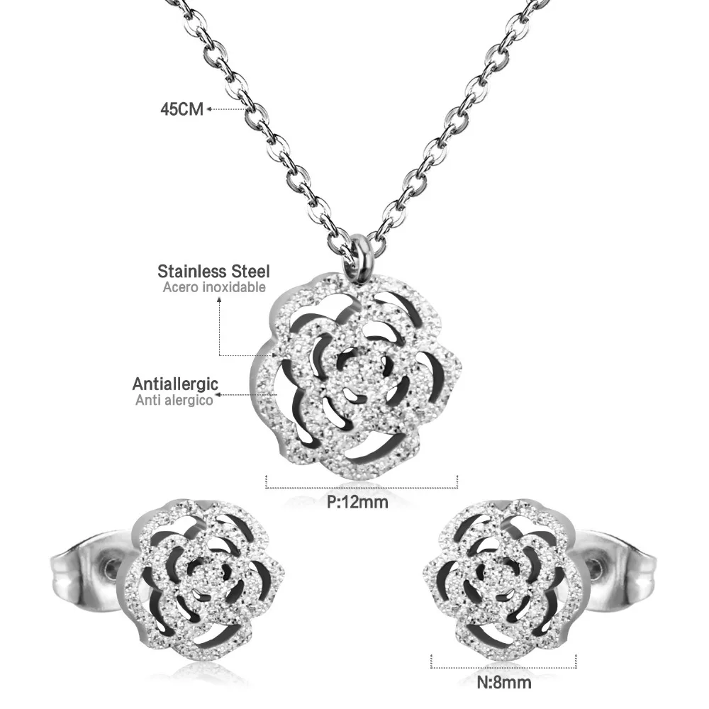 ASONSTEEL Bridal Jewelry Sets Stainless Steel Gold/Silver Color Romantic Flower Shape Pendants Charm Chain Necklace Earring Sets
