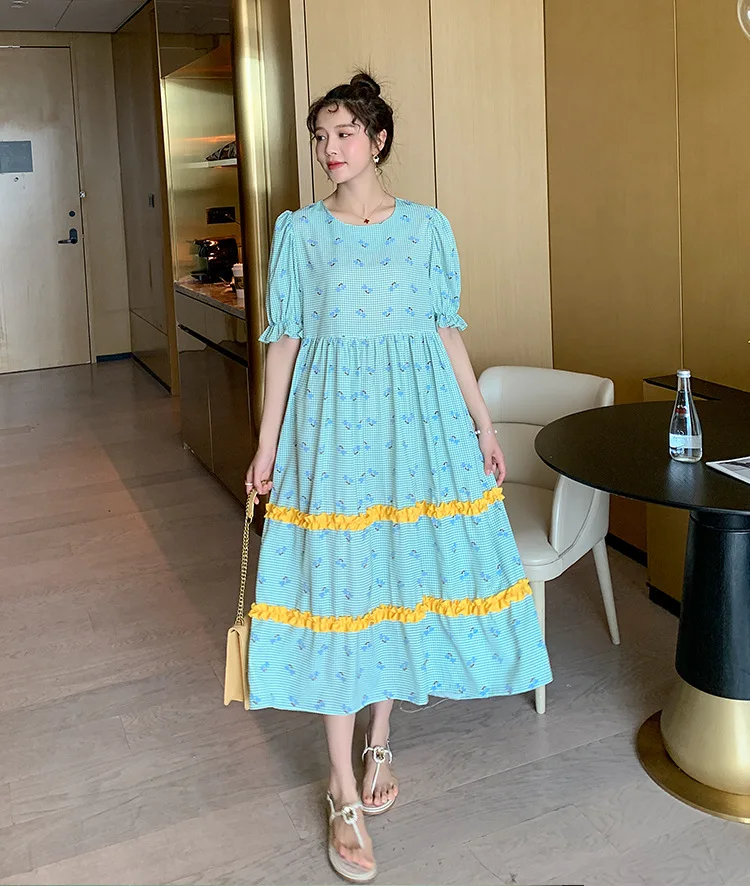 

Summer Korean Fashion Maternity Long Dress Sweet Floral Print Short Sleeve Clothes for Pregnant Women Loose Pregnancy