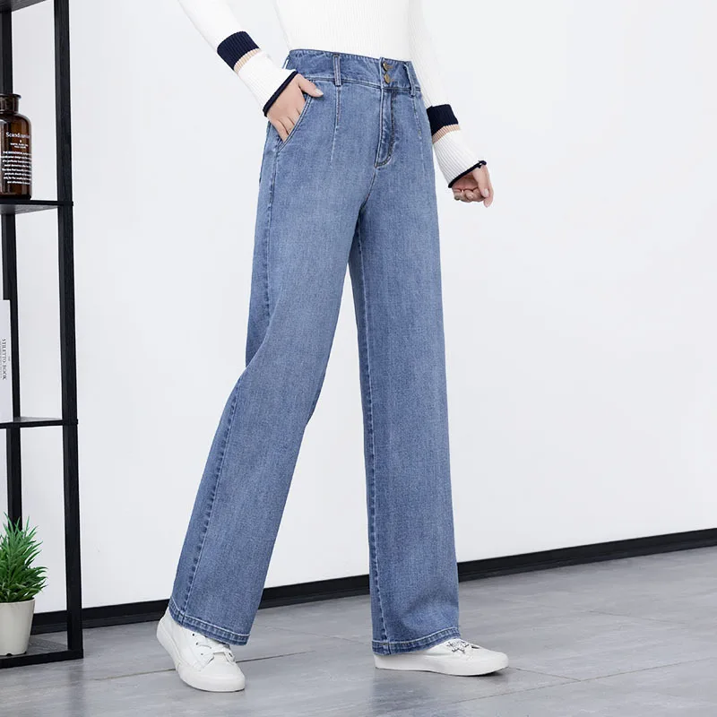 

Makuluya Denim Women Female Spring Autumn Straight Trousers All-Match Slim Plus Size Casual High Quality Wide-legged Pants RGL6