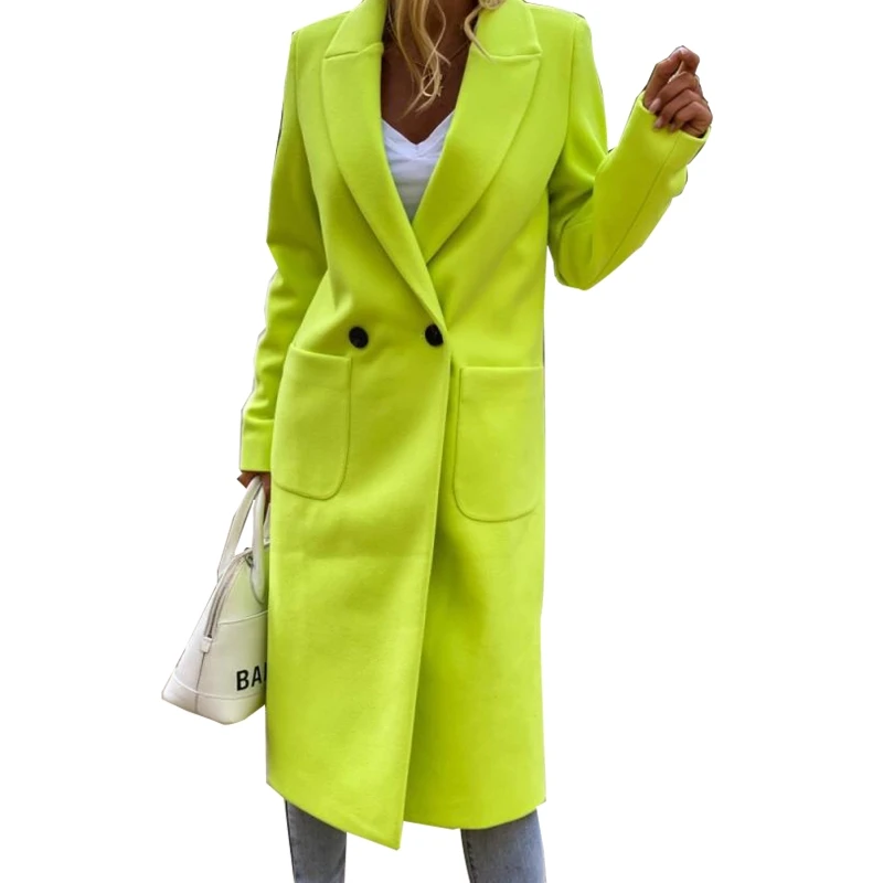 

Women Autumn Winter Long Sleeves Tailored Collar Wool Jacket Solid Color Double-breasted Coat Long Slim Overcoat Streetwear