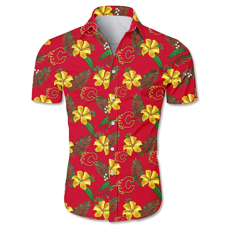

Calgary men's casual hawaiian shirts Yellow flowers flame letter C printing 3D Flames tops