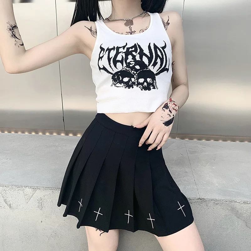 

Womens Gothic Style Skull Print Vest Top Round Neck Exposed Navel Sleeveless Bottoming Tank Top 2021 Cool Girls Fashion Wear