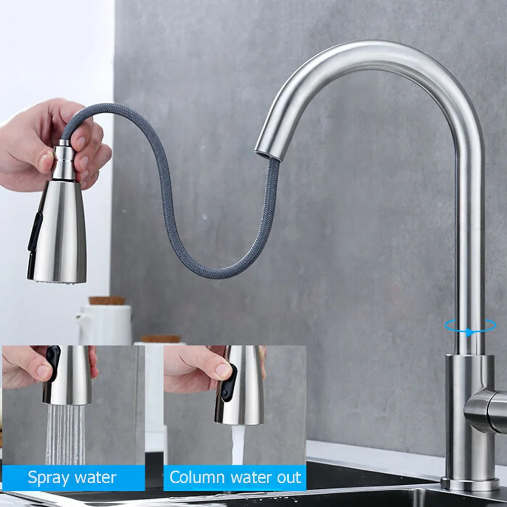 

Rotatable Stainless Steel Pull Type Faucet Kit Home Kitchen Water Mixer Taps Quick-connect Hose Spray Nozzle Shower Sprinkler