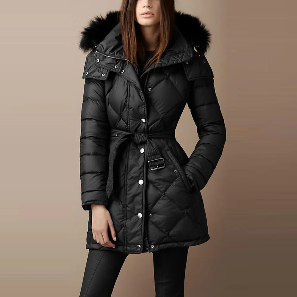 

Женская куртка на хлопковом наполнителе, повседневная однотонная черная длинная пуховая куртка, модная теплая парка с мехом, зимняя одежда ...