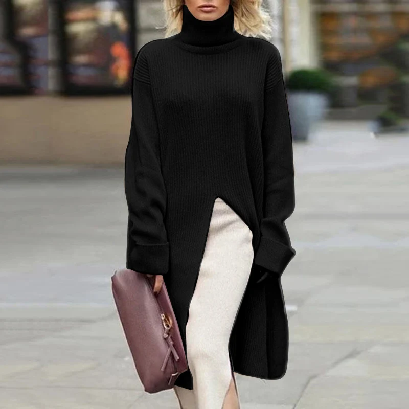 

Sexy Solid Color Long Sleeve Tops Plus Size Sweaters For Women Slim Knit Sweater Women Turtleneck Sweater Dress Split up Jumper