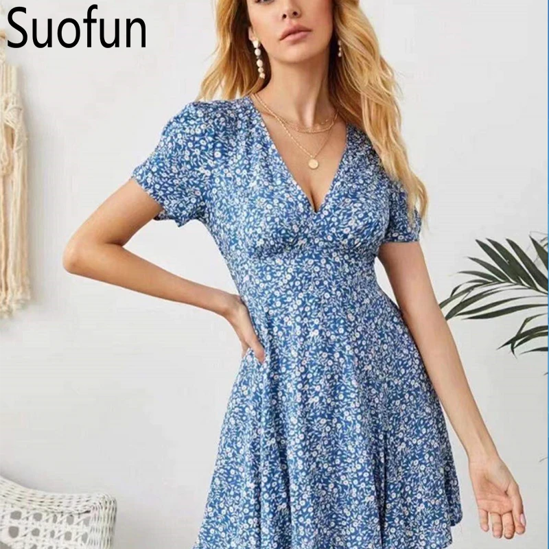 

Женское повседневное мини-платье Suofun, облегающее пляжное платье с V-образным вырезом и пышными рукавами, с французским кружевом, голубое, ле...
