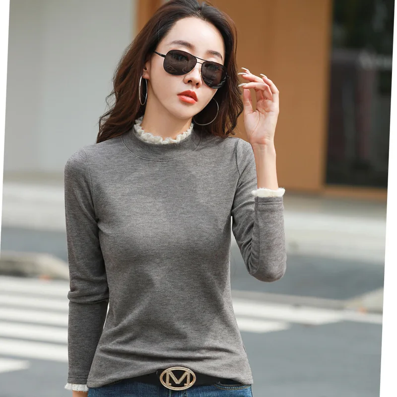 

New 2022 Winter T Shirt Women Tops Tees Long Sleeve T-shirt Ruffles Solid Color Women's T-shirts Autumn Bottoming Woman Tshirts