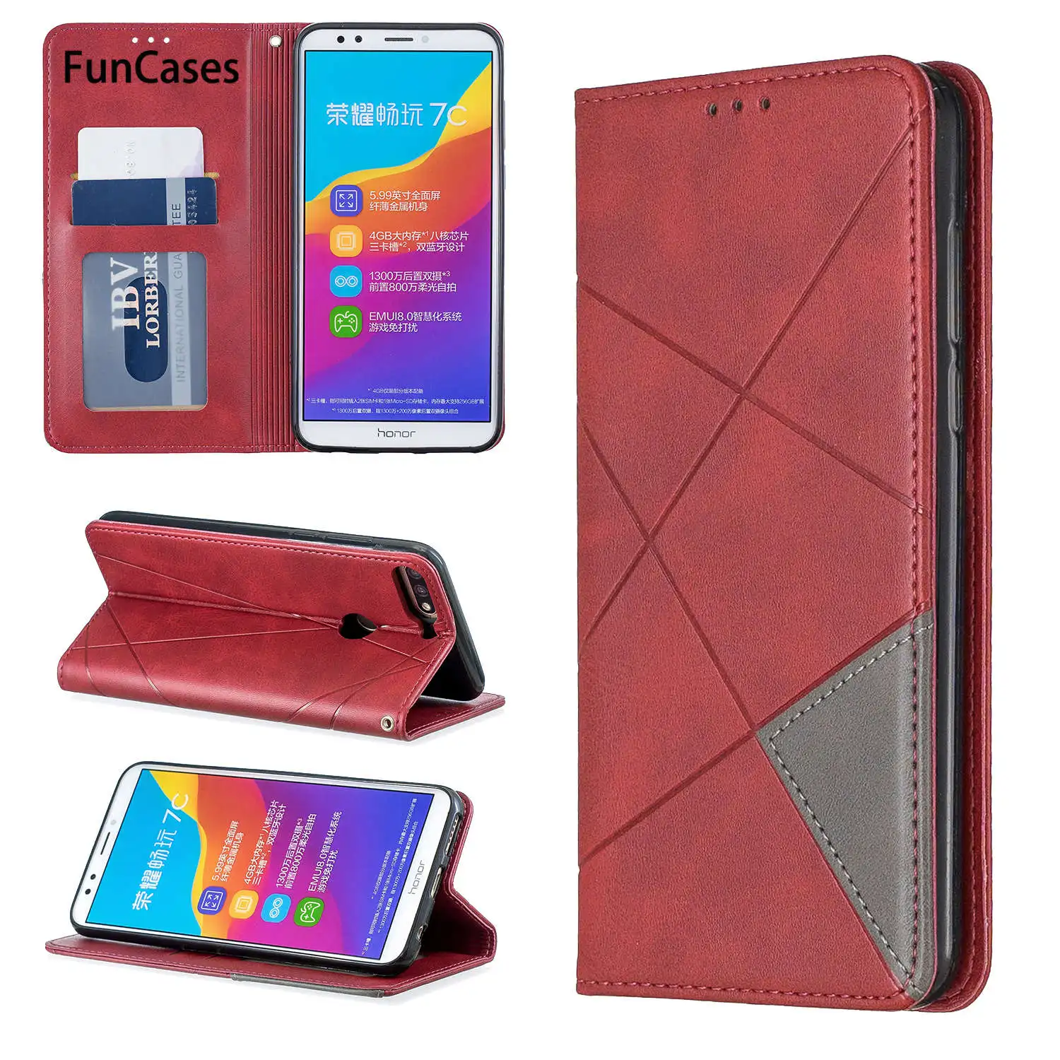 Phone Cases For cover Huawei Honor 7C Caso Geometry PU Leather Flip Wallet Case sFor Enjoy 8 Nova 2 Lite Y7 2018 Prime | Мобильные