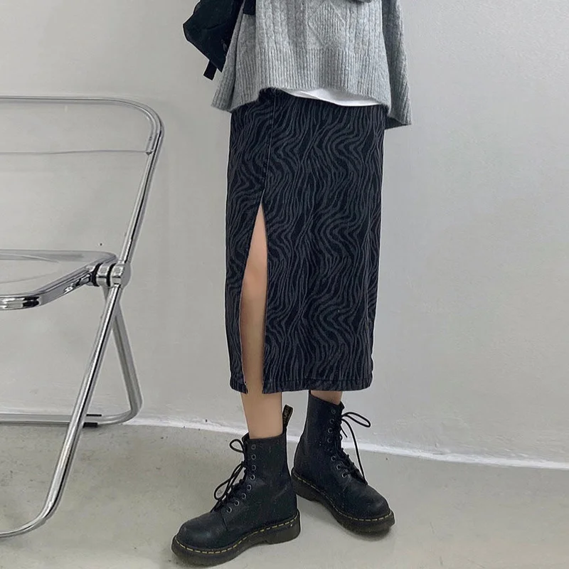 

Mid-calf Length Skirts Women Zebra-striped Side-slit Style Chic Trendy Popular Leisure Hipster Stylish Ulzzang College