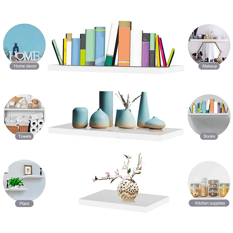 

White Floating Shelves Wall Mounted Set of 3, Wood Wall Shelves Decoration for Bathroom Bedroom Kitchen Farmhouse Office